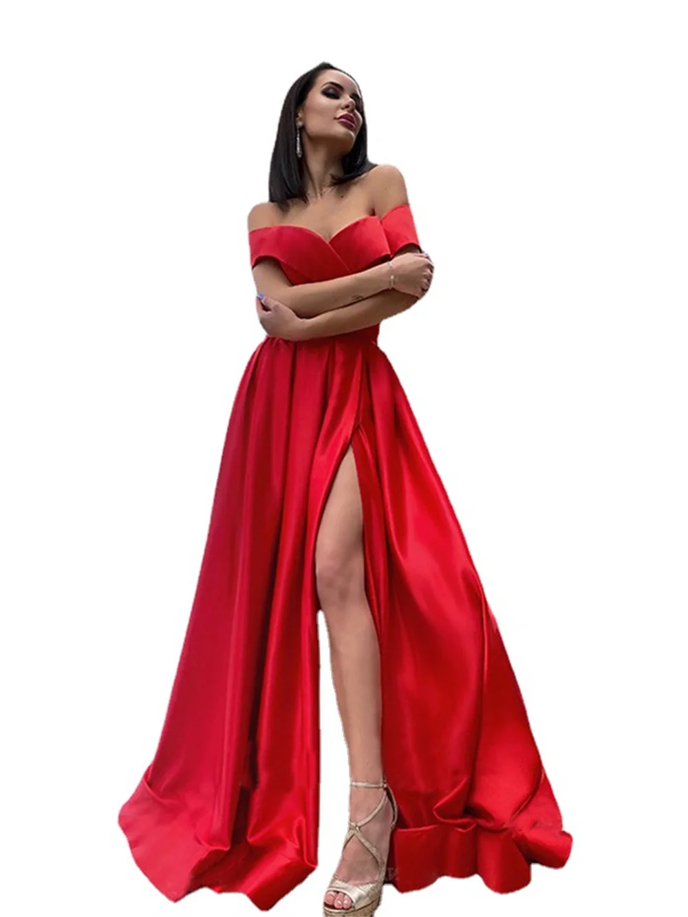 Women Fashion Soft Satin Party Dress Off-Shoulder V-neck Prom Evening Dress Elegant Sexy High Split Formal Dresses
