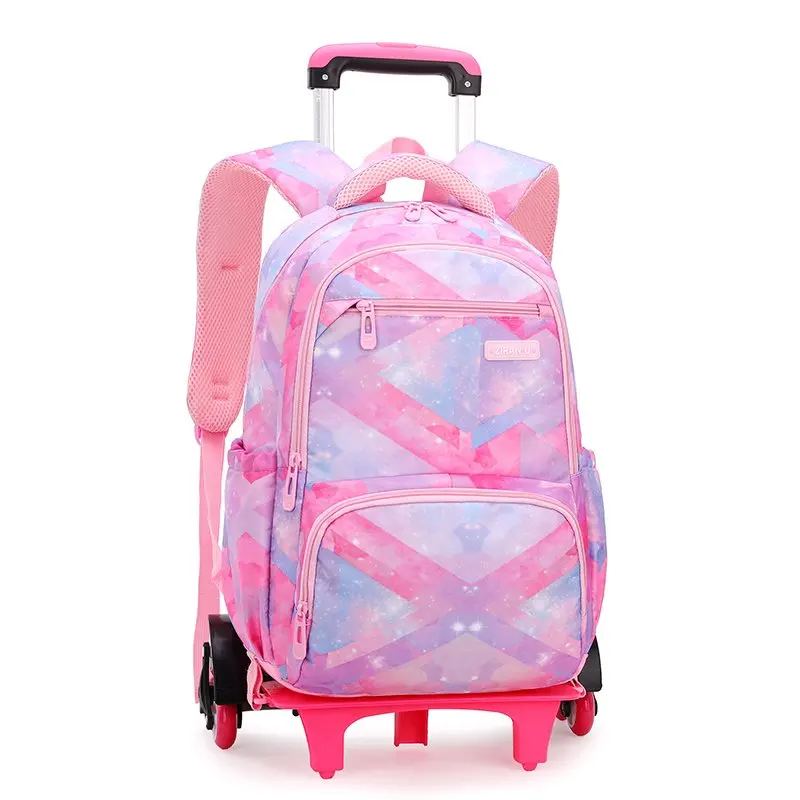 

Fashionable 6-Wheeled Large-Capacity Pink Girls Waterproof Rolling Wheeled School Trolley Backpack Bag, Perfect for Student Use.