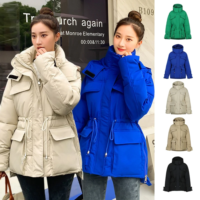 2022 Casual Fashion Workwear Padded Jacket Ladies Winter Thickened Bread Clothes Waist Drawstring Loose Hooded Padded Clothes