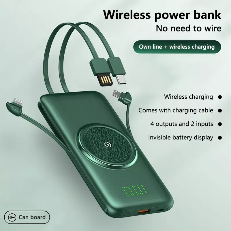 

NEW2023 Wireless Power Bank 20000mAh For xiaomi Phone Charger Built-in 4 Cables External Battery Portable Powerbank For iPhone