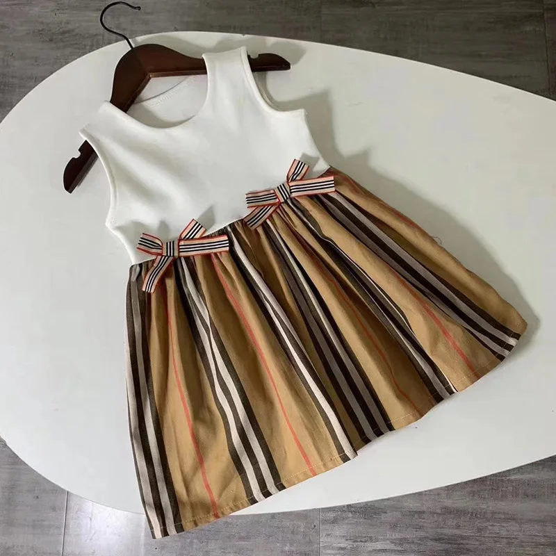 

New summer Fashion England style kids girls clothes Short sleeve stitching plaid striped baby girls princess dress 2-10 years