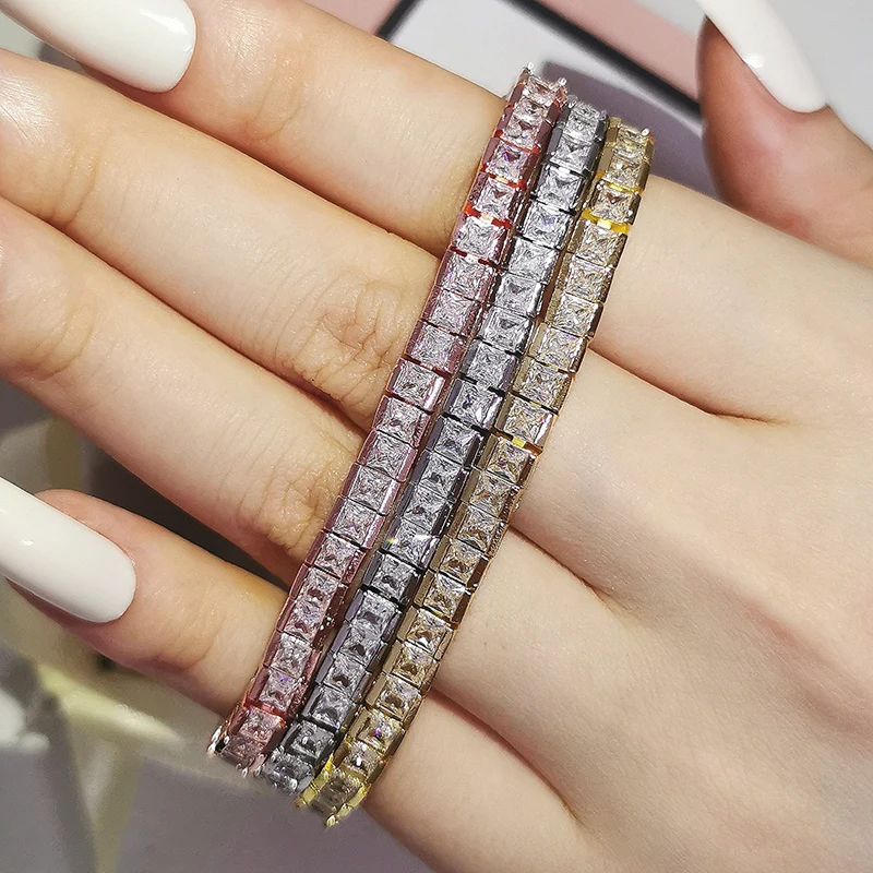 

3mm stone 18cm long silver color on hand princess cut zircon barcelet bangle for women wedding bride fashion jewelry S4798