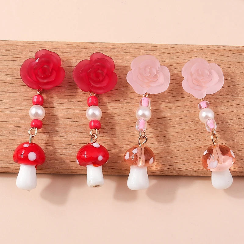 2022 Trend Design Girls Long Tassel Kawaii Red Mushroom Pendant Resin Rose Stud Earrings for Ladies Handmade Jewelry