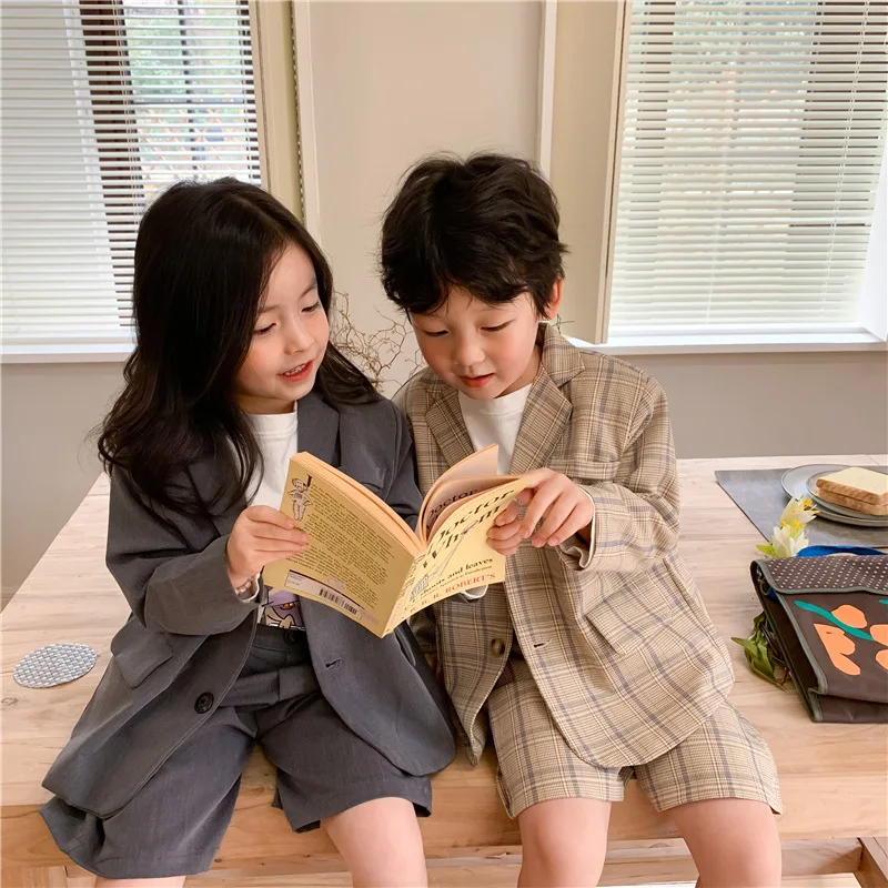 

Spring Autumn fashion unisex suit clothes sets Boys and girls plaid suit and shorts 2pcs sets