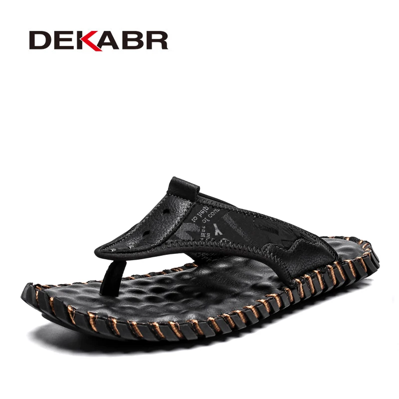 

DEKABR Cow Leather Men Beach Slippers Fashion Flip Flops Soft Sole Trendy Comfortable Outside Slippers High Quality Summer Shoes