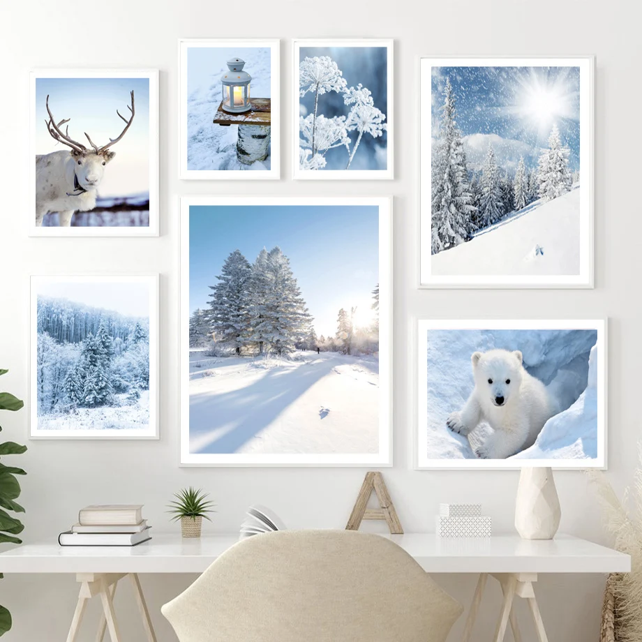 

Winter Snow Sunlight Forest Deer Bear Cypress Nordic Posters And Prints Wall Art Canvas Painting Pictures For Living Room Decor