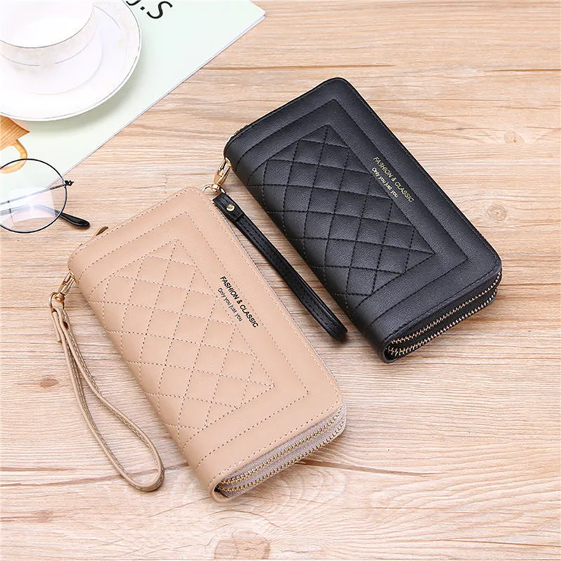 

PU Leather Women Wallets Long Double Zipper Portable Coin Purses Female Solid Color Casual Luxury Clutch Phone Bag