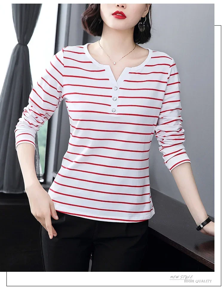 Футболка из чистого хлопка с длинными рукавами и v-образным вырезом женская