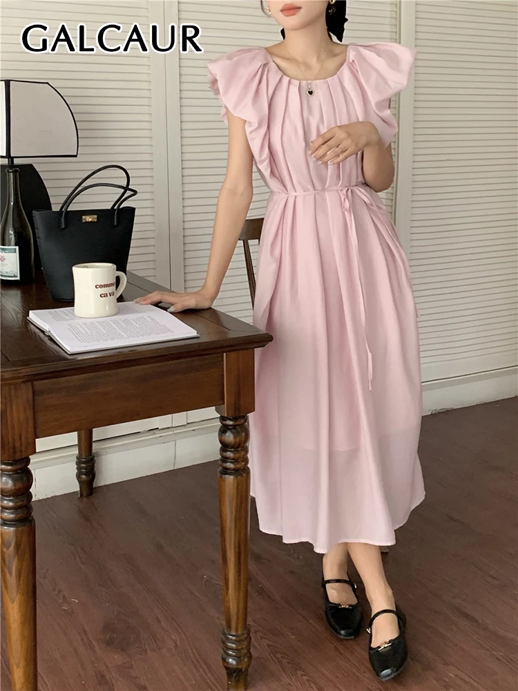 

GALCAUR Sweet Tunic Dresses For Women Round Neck Flying Sleeve High Waist Spliced Lace Up Solid Korean Pleated Midi Dress Female