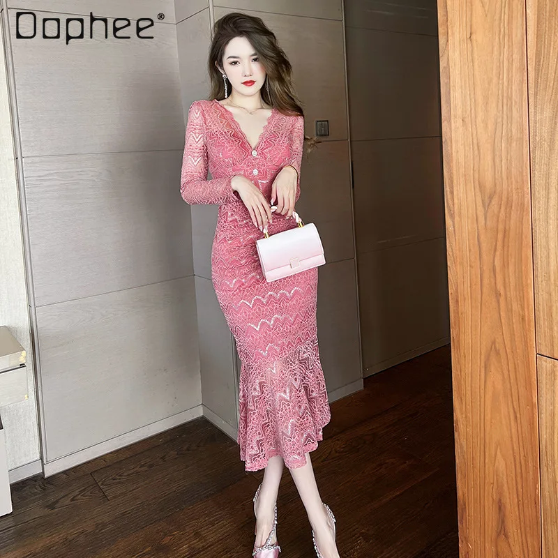 2022 Spring New Ladies Temperament Coral Pink Slimming V-neck Hip Midi Dress Long Sleeve Lace Midi Fishtail Dresses for Women