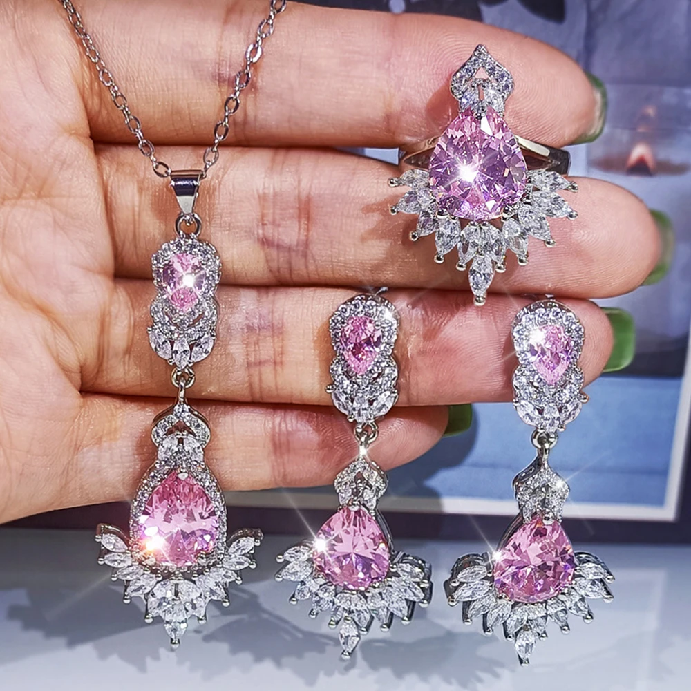 

Advanced Women Jewelry Set Pink Droplet Necklace Bridal Earrings Rings Female Luxury Jewelry Bright Zircon Design Girls' Banquet