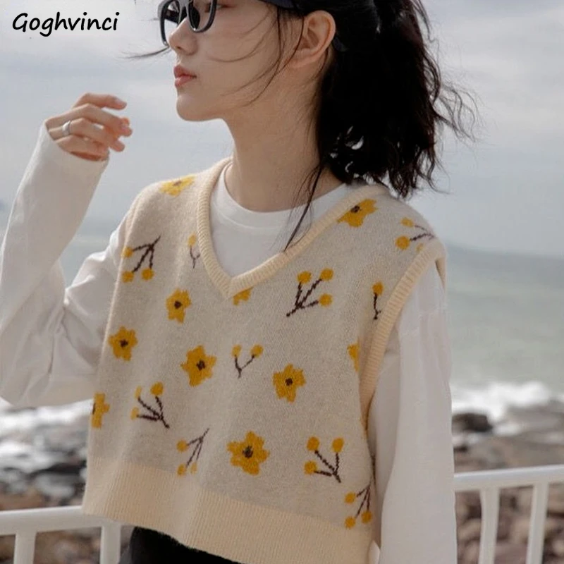 

Sweater Vest Cropped Ins Sleeveless Loose Pullover Knitted Floral Print Sweet Casual Student All-match Preppy Fashion Jumper New