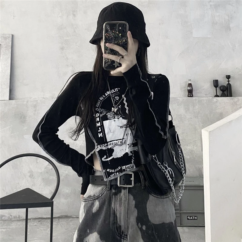 

Y2K Streetwear Irregular Short Crop Top Women Dark Letter Graphic Print Hiphop Loose Lightweight 2023 Spring Chic Top Mujer