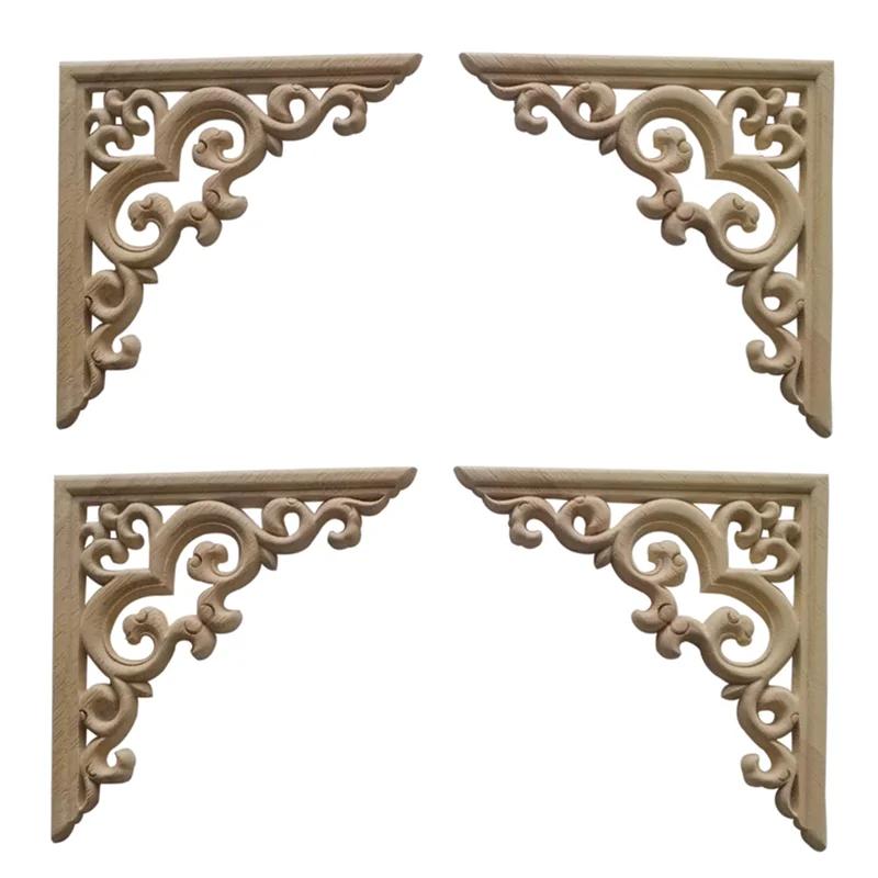 

4PCS Unpainted Wooden Mouldings Decal European Wood Appliques for Furniture Cabinet Flower Wood Carving Decorative 15Cm