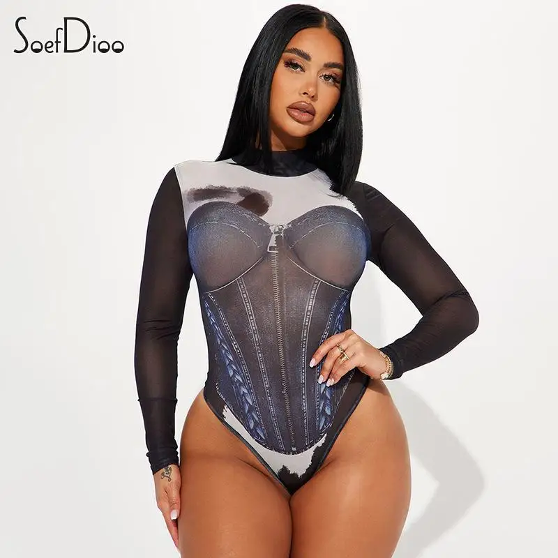 

Soefdioo 3D Prints Mesh Bodysuits Women Fashion See Through Long Sleeve Tops Rompers 2023 Summer Sexy Club Wear Baddie Outfits