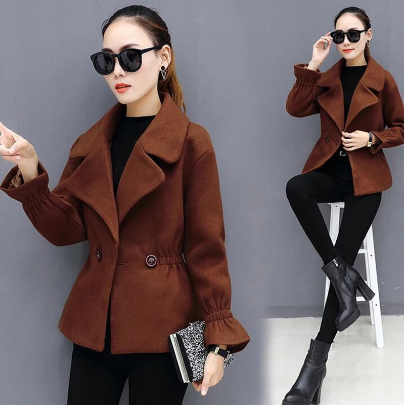 

MONISY Fashion Women Elegant Lapel Woolen Slim Warm Winter Outwear Casual Short Coat