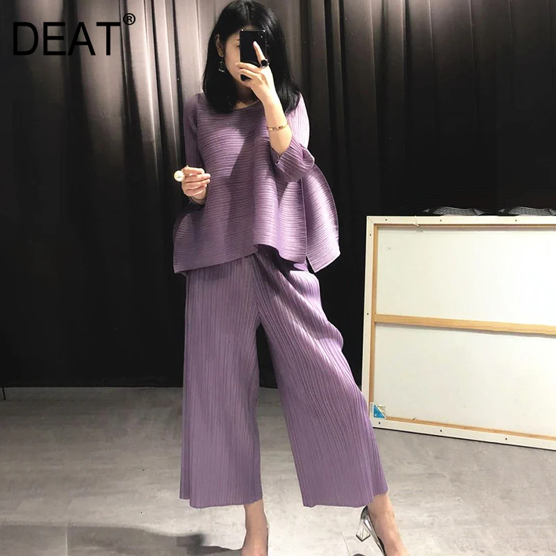 

Miyake Pleated Suit Woman Casual Style Solid Round Collar Pullover T Shirt + Wide Leg Pants High Elastic 2022 New Summer Fashion
