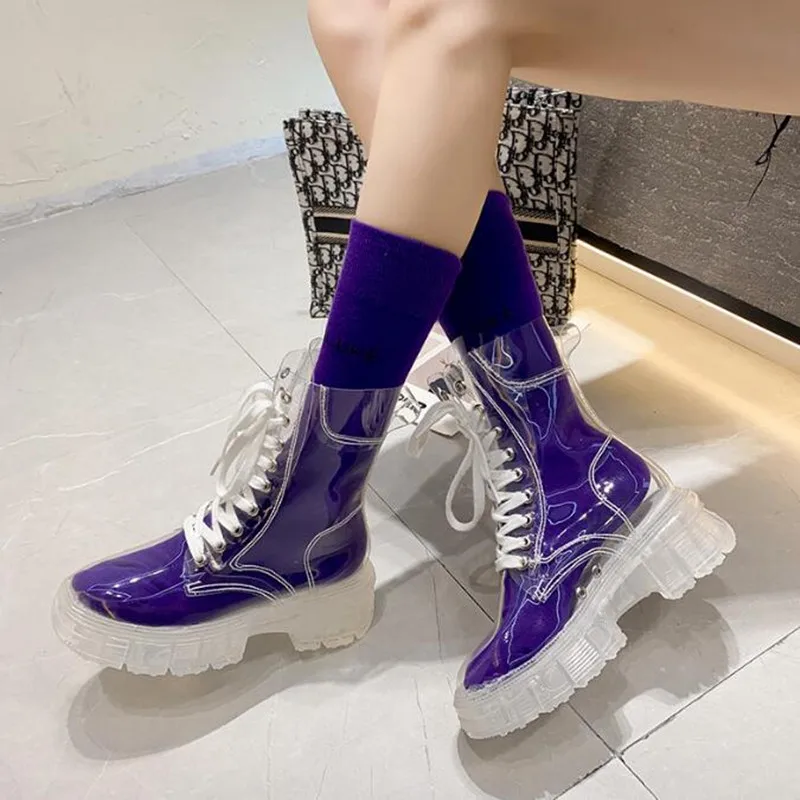 Fashion Women Transparent Platform Boots Waterproof Ankle Boots Feminine Clear Thick Bottom Rainboots Sexy Female Botines Shoes images - 6