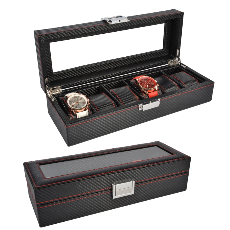 

6/10/12 Slots Carbon Fibre New Classic Watch Box Leather Black Watch Display Box With Lock Men or WomenWatches Organizer