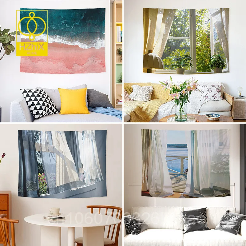 

Window Scenery Tapestry Nordic Wall Hanging Cloth Dormitory Bedside Tapestries Background Cloth For Aesthetic Bedroom Decoration