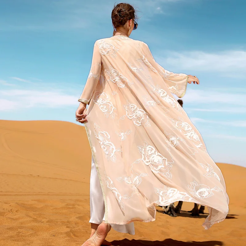 Embroidered 2 Piece Muslim Sets Women Open Abaya with Satin Slip Long Dress Matching Kaftan Party Suit Turkey Dubai Abayas 2023