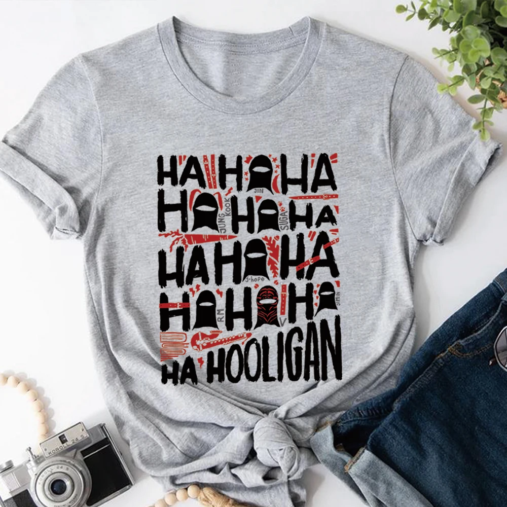 Фото Футболка Hooligan Lyric с забавным принтом K-pop, ретро-футболка с графическим рисунком Ha Ha Ha, концертная футболка в стиле Харадзюку, унисекс, с короткими рукавами, подарки для фанатов №5