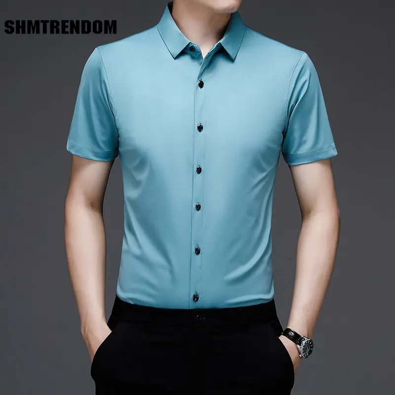 

Soft Skin-Friendly Anti-Wrinkle Solid Casual Short Sleeve Shirt Men Summer New Quality Smooth Comfortable Silky Camisa Masculina