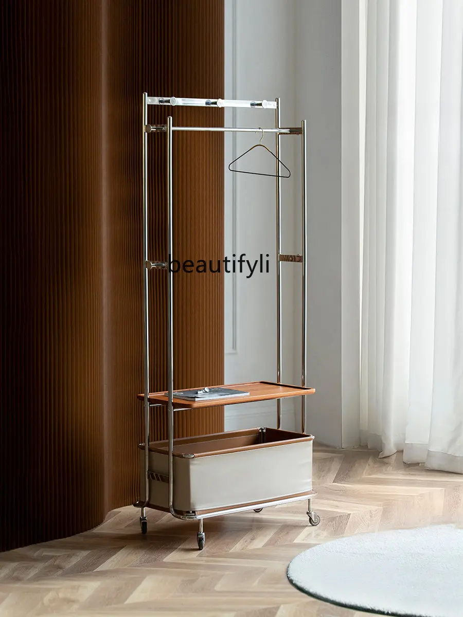 

Zhonggu Solid Wood Stainless Steel Cherrywood Movable Coat Rack Storage Basket Integrated Floor Bedroom