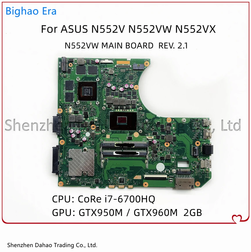 

Материнская плата N552VW для ноутбука Asus N552V N552VW N552VX, материнская плата с процессором i7-6700HQ GTX950M/960M 2GB-GPU DDR4 100%, полностью протестирована