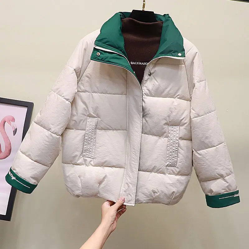 Women Stand Collar Cotton Jacket 2023 Autumn Winter Casual Warm All-match Zipper Parka Solid Loose Female Outwear Pockets A10