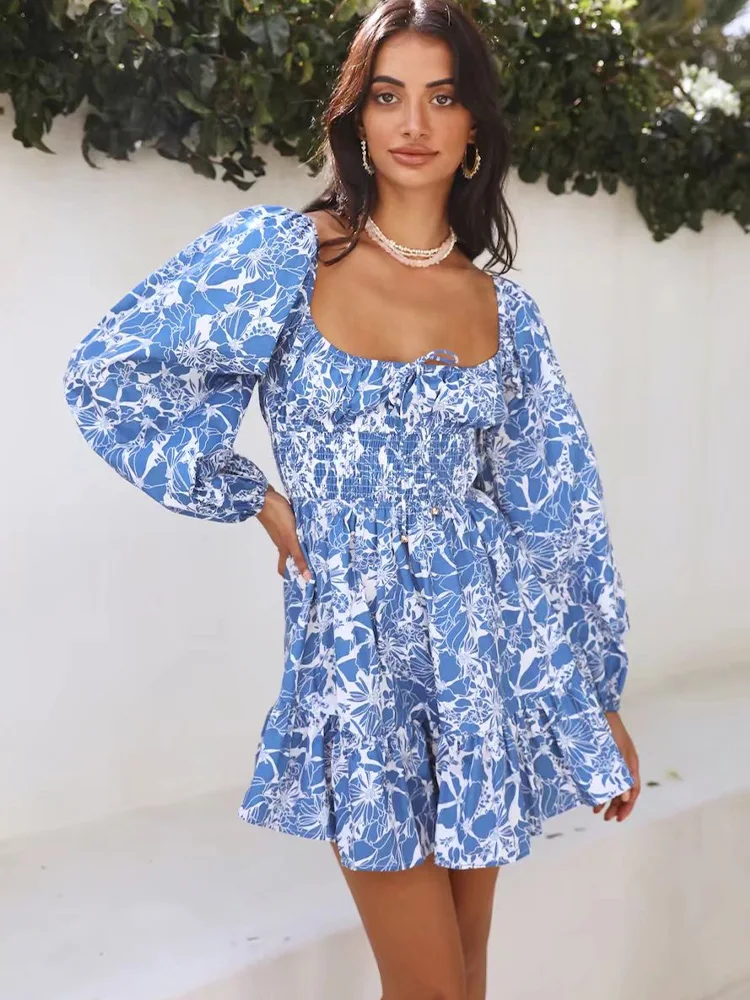 

ZAA Summer 2022 New Ladies Fashion Chic Square Collar Bow Decorated With Elegant Print Peplum Bubble Sleeve Quality Mini Dress