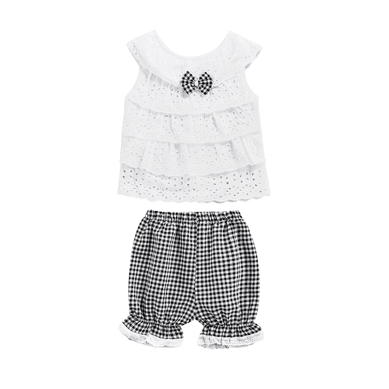 

2022 Toddler Girls Two-piece Clothes Set, White Round Collar Layered Camisole and Plaid Print Lace Hem Shorts, 9-24 Months