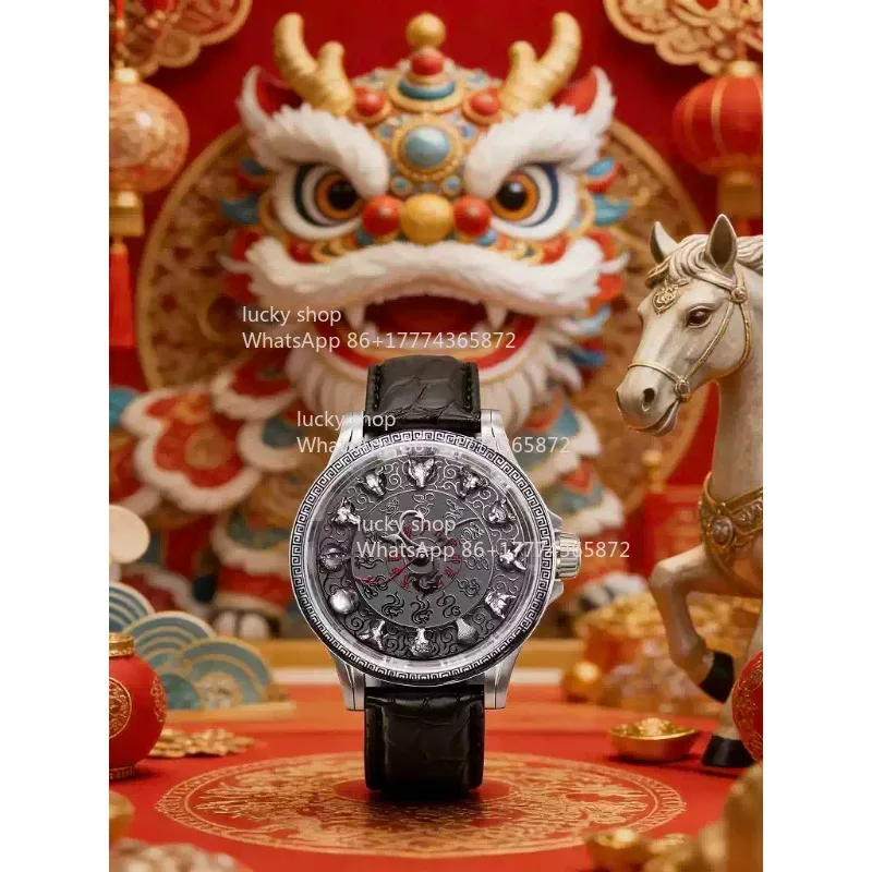 Фото Новые автоматические механические часы Hanfeng Zodiac Year of the Horse, часы из стерлингового серебра с микрогравировкой в виде головы зверя №1