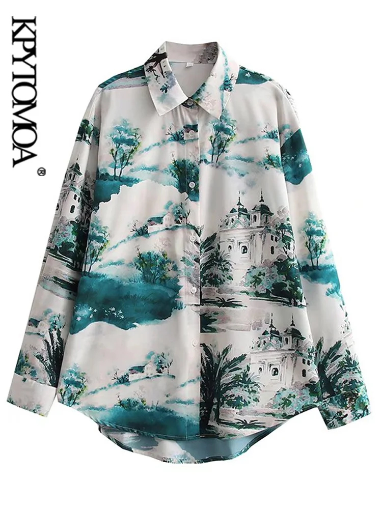 

KPYTOMOA Women Fashion Ink Painting Print Loose Shirts Vintage Long Sleeve Button-up Female Blouses Blusas Chic Tops