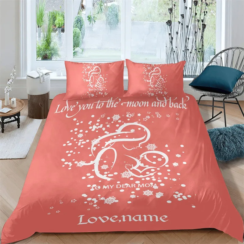 

Custom Happy Mother's Day Snowflake Pink Orange Bedding Set 3 Piece Duvet Cover Set With Name Twin Size Microfiber Quilt Cover