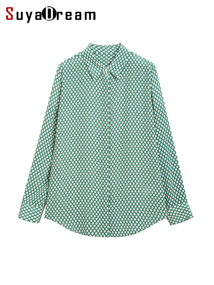 SuyaDream Woman Printed Shirts 100%Silk Crepe Long Sleeves Geometric Checks Blouses 2022 Spring Autumn Office Lady Top Green