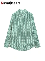 suyadream woman printed shirts 100silk crepe long sleeves geometric checks blouses 2022 spring autumn office lady top green