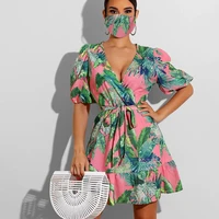 2021 new fashion special design club party beach dress summer sexy dress short sleeve women flower print deep v neck mini dress