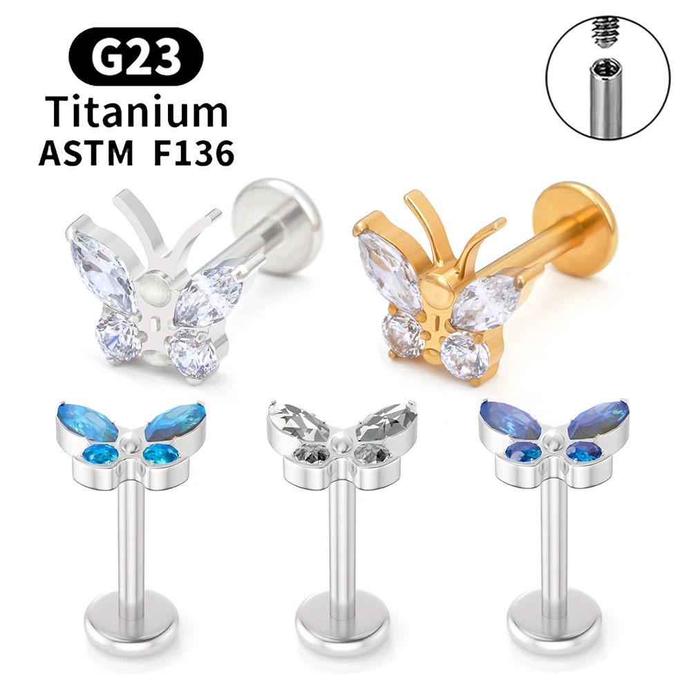 

Серьги-гвоздики из титана G23 ASTM F136, модные ювелирные украшения для пирсинга с бабочкой и цирконием, 16 г, детали для ушей, завитка, спираль, Daith, женские Украшения