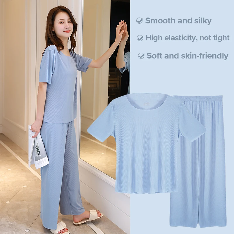 Women's 2 Pieces Ice Silk Pajamas Fashion Loose Nightwear Suit Casual Homewear Solid Pajama Set for Women Plus Size Sleepwear