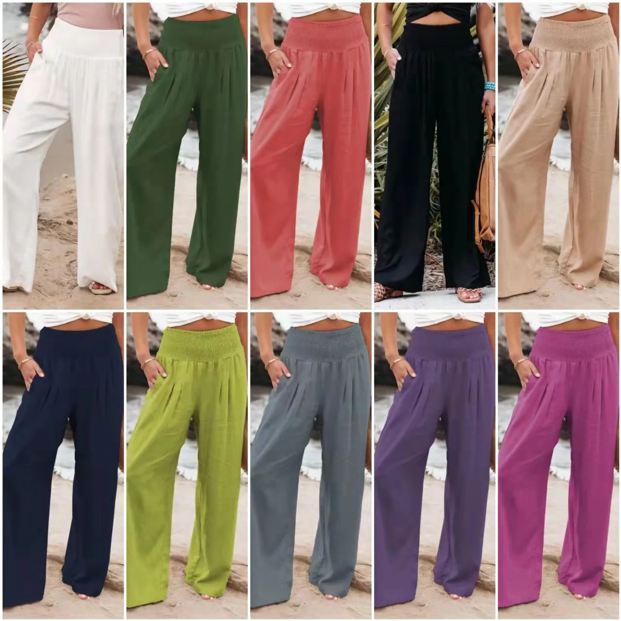 new Women Cotton Linen Loose Wide Leg Pants 2023 Spring Summer Office Lady Casual Solid Jogger Elastic Waist Oversized Trousers