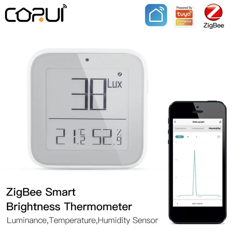 

Tuya Zigbee Smart Temperature And Humidity Brightness Detector Thermometer Real-time Light Sensitive Works With Tuya Smart Life