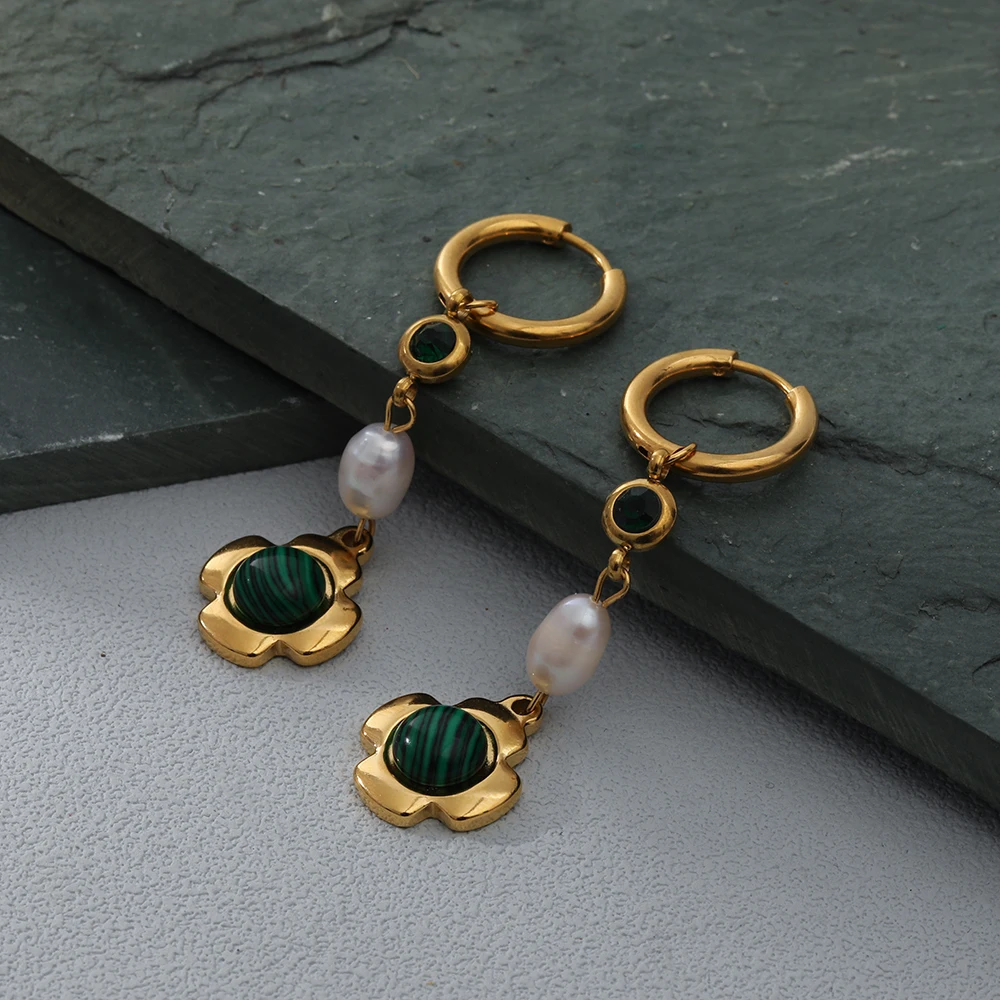 

2022 New Stainless Steel Jewelry Flower Drop Earrings Natural Stone Luxury Earrings Waterproof Party Gift Jewelry Accessories