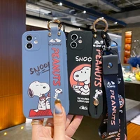 cartoon snoopy with wrist strap holder crossbody cord phone cases for iphone 12 11 pro max mini xr xs max 8 x 7 back cover