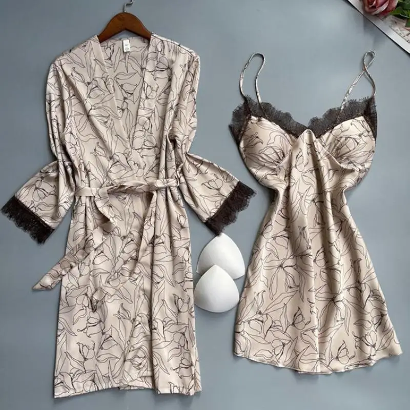 

Robe Suit Womens Lace 2PCS Kimono Bathrobe Gown Twinset Summer Satin Sleepwear Set Summer Sexy Lingerie V-Neck Nightwear