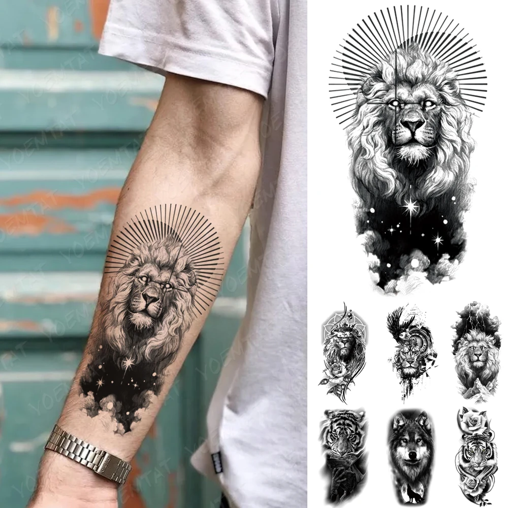 

Водостойкие Временные татуировки-наклейки из древесины, волк, Луна, Лев, тигр, Сова, искусственная Роза, часы, боди-арт, искусственные татуир...