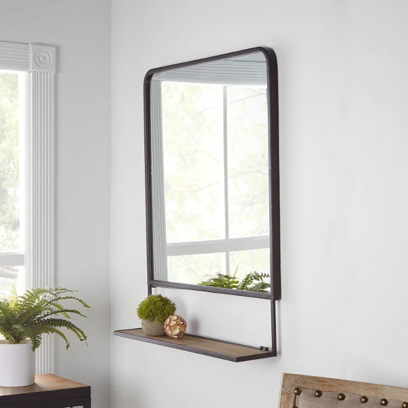 

Better Homes & Gardens 24" x 32" Industrial Metal Vanity Wall Mirror with Foldable Wood Shelf, Black