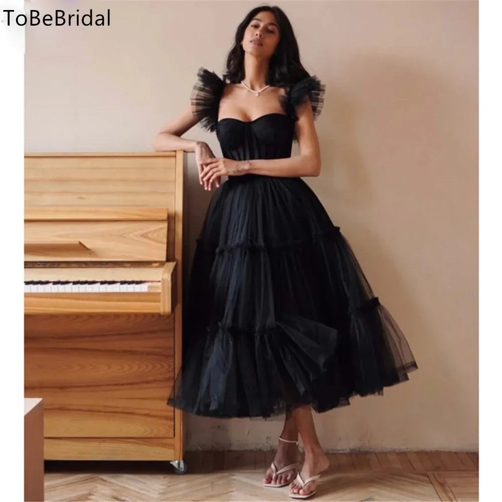 

ToBeBridal, черное Тюлевое платье миди с оборками для выпускного вечера, платье на бретельках с сердечком, длинное вечернее платье, 2023, женское элегантное вечернее платье