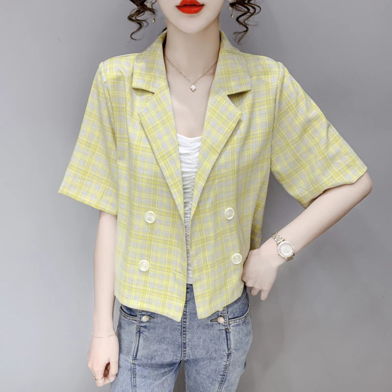 Blazers Women Plaid Thin Summer Crop Design Kawaii Harajuku Retro French Style Elegant Sweet Double Breasted Youth Preppy Chic