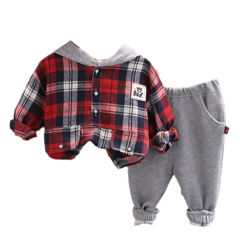 

Новый весенне-осенний костюм для маленьких мальчиков, детская повседневная клетчатая куртка с капюшоном и штаны, комплект из 2 предметов, спортивный костюм для малышей, детские спортивные костюмы